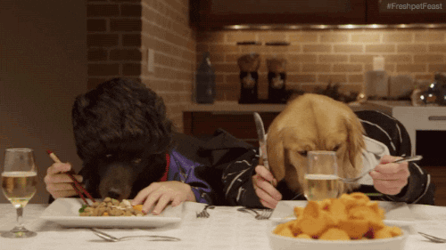 Dogs are all seating at a table. Human hands protrude from their shoulders and are feeding the dogs food from dinner plates via forks.