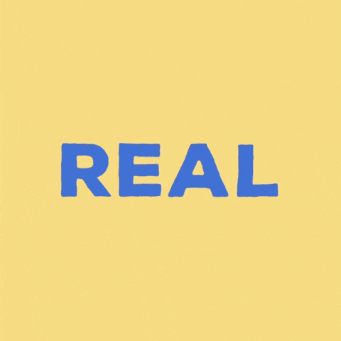 A Gif with a yellow background. The word "real" morphs into the word "talk." 