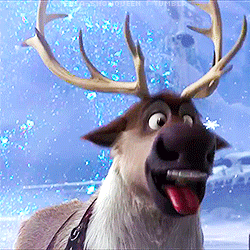 Sven, the Reindeer from Frozen, attempts to lick a snowflake out of the air comically. 