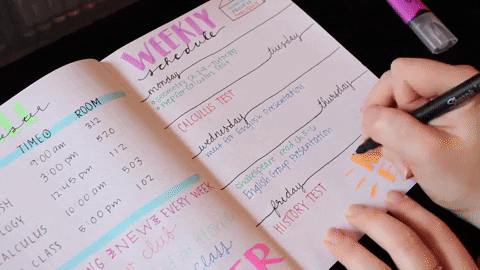 Gif of student outlining the word "weekend" on their weekly schedule. 