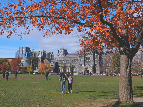 College campus with autumn tress and open field