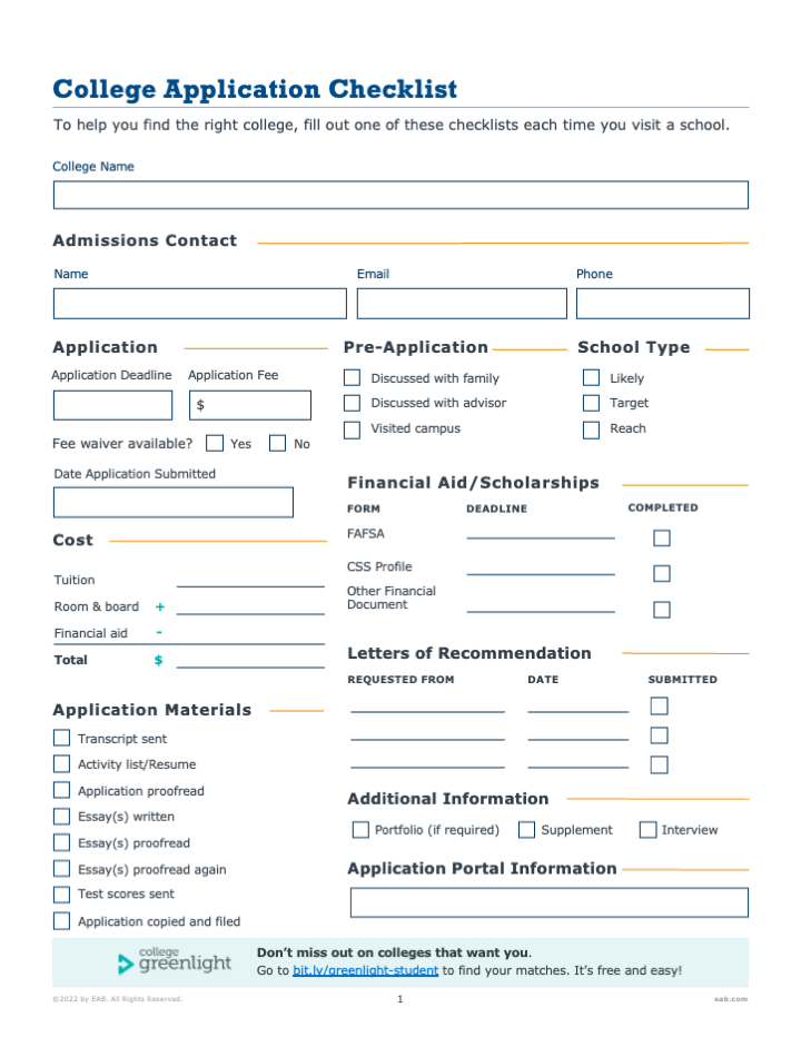 A college application worksheet to track deadlines, requirements, and other milestones